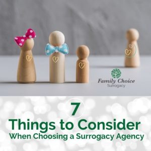 "7 Things to Consider When Choosing a Surrogacy Agency" Peg doll family awaiting the birth of their baby via peg doll surrogate, full hearts, bridged by FCS logo,