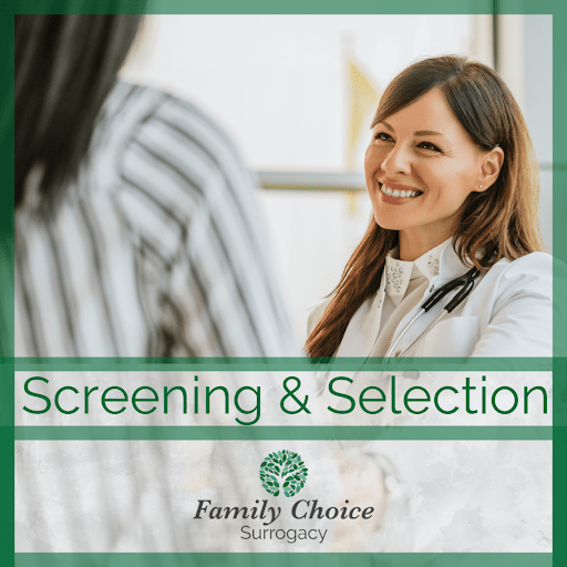 Woman meeting doctor for screening and selection process. FCS logo.