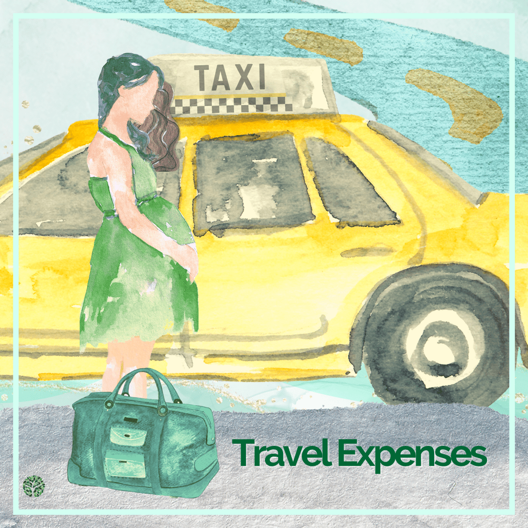 A pregnant surrogate in a green dress waiting for a taxi - "Travel Expenses"