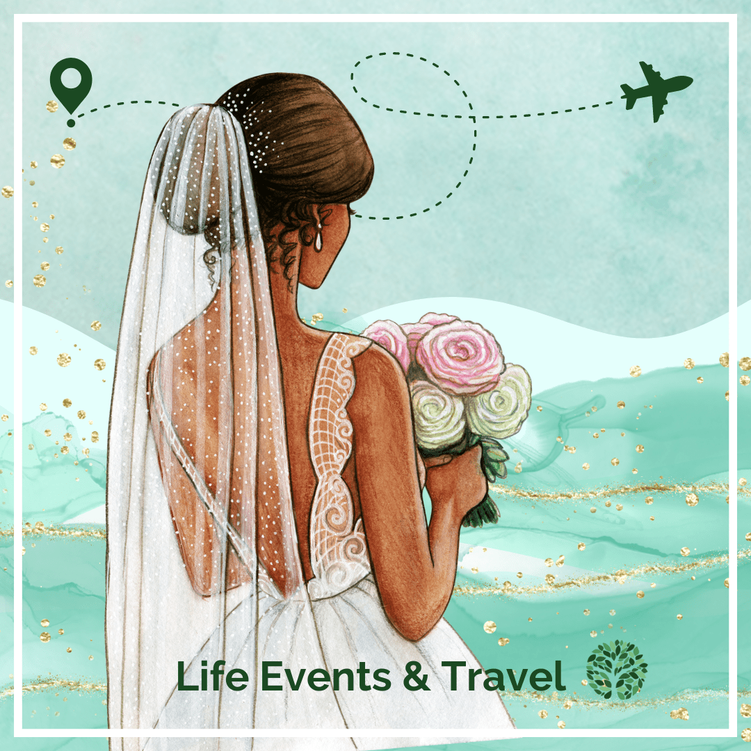 Life Events & Travel, view of bride from back looking down at bouquet, representation of flight path in the distance