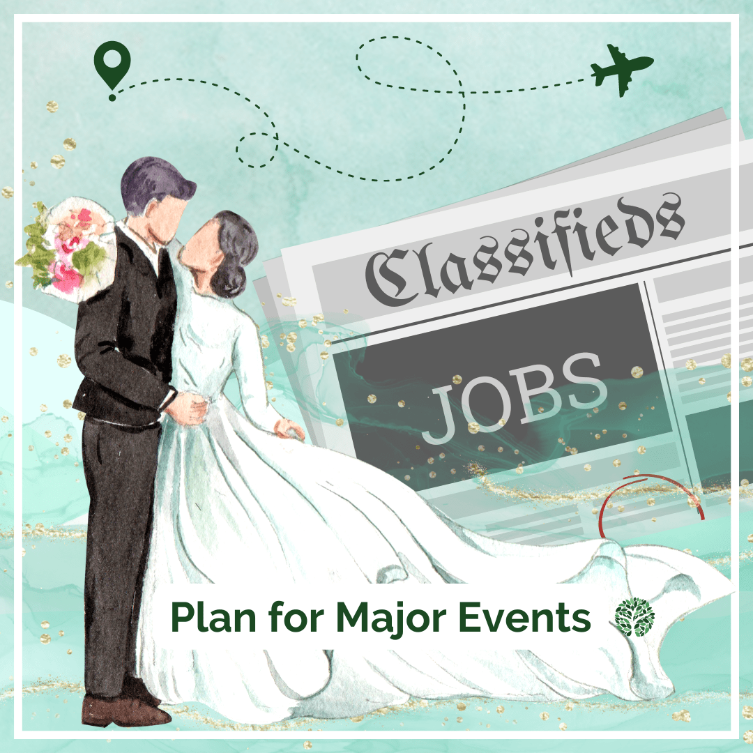 Plan for major events, couple getting married, classifieds job ads, newspaper, travel, wedding, job changes