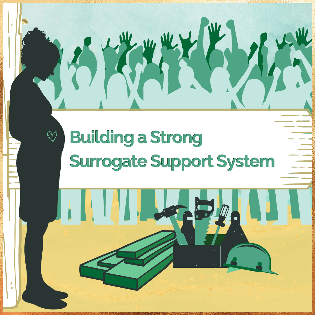 pregnant surrogate standing in front of a sign that says "Building a strong surrogate support system" with tools and a hard hat in front of her and the silhouettes of many happy people behind her.